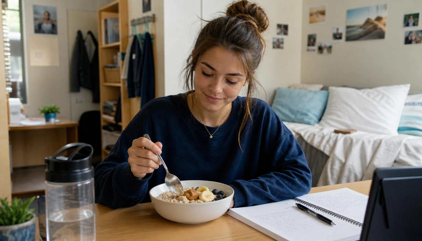 Student planning an energy-supporting routine with sleep, meals, caffeine timing, and study breaks