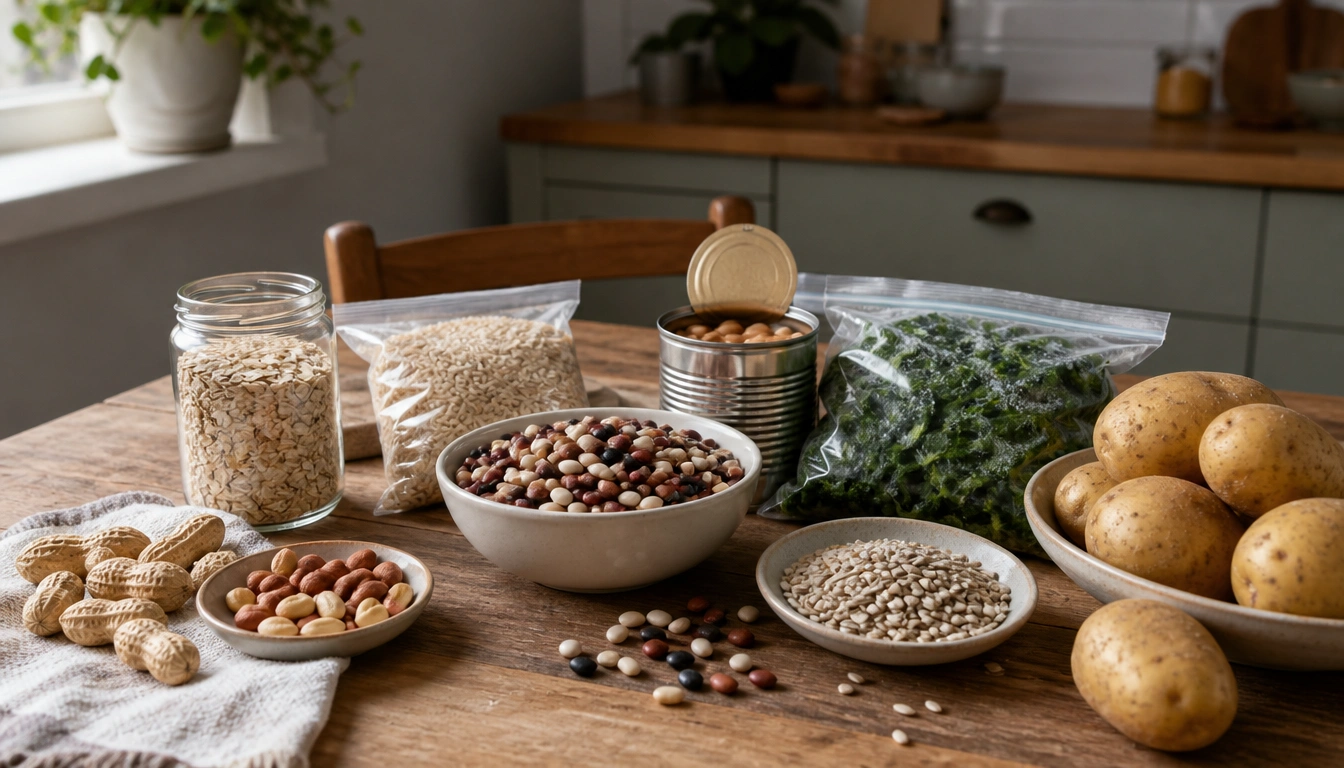 Budget-friendly magnesium foods like beans, oats, brown rice, sunflower seeds, and frozen spinach in a bowl and skillet