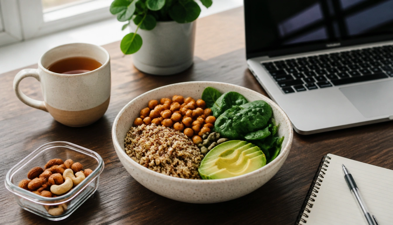 Desk-ready magnesium snack ideas: pumpkin seeds, almonds, and spinach with whole grains and beans for busy professionals