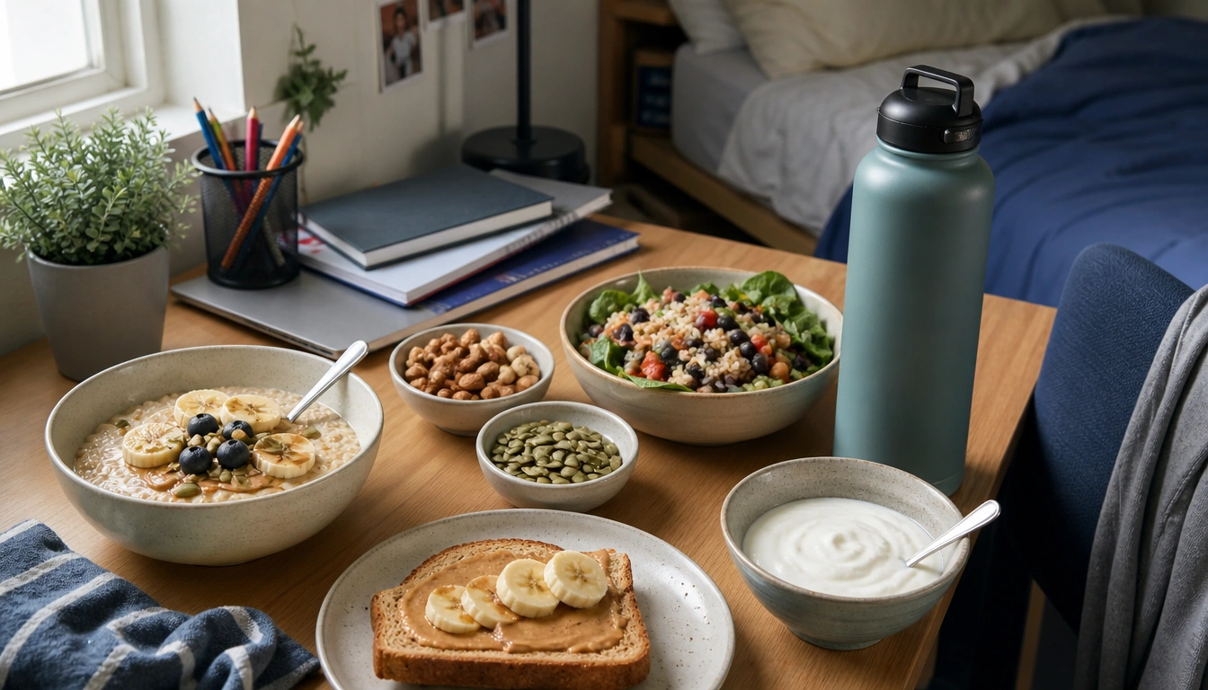 Dorm-friendly magnesium foods like pumpkin seeds, beans, whole grains, and leafy greens for college students