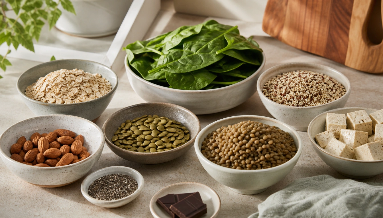 Vegetarian meal ingredients like pumpkin seeds, beans, leafy greens, and tofu to support magnesium intake