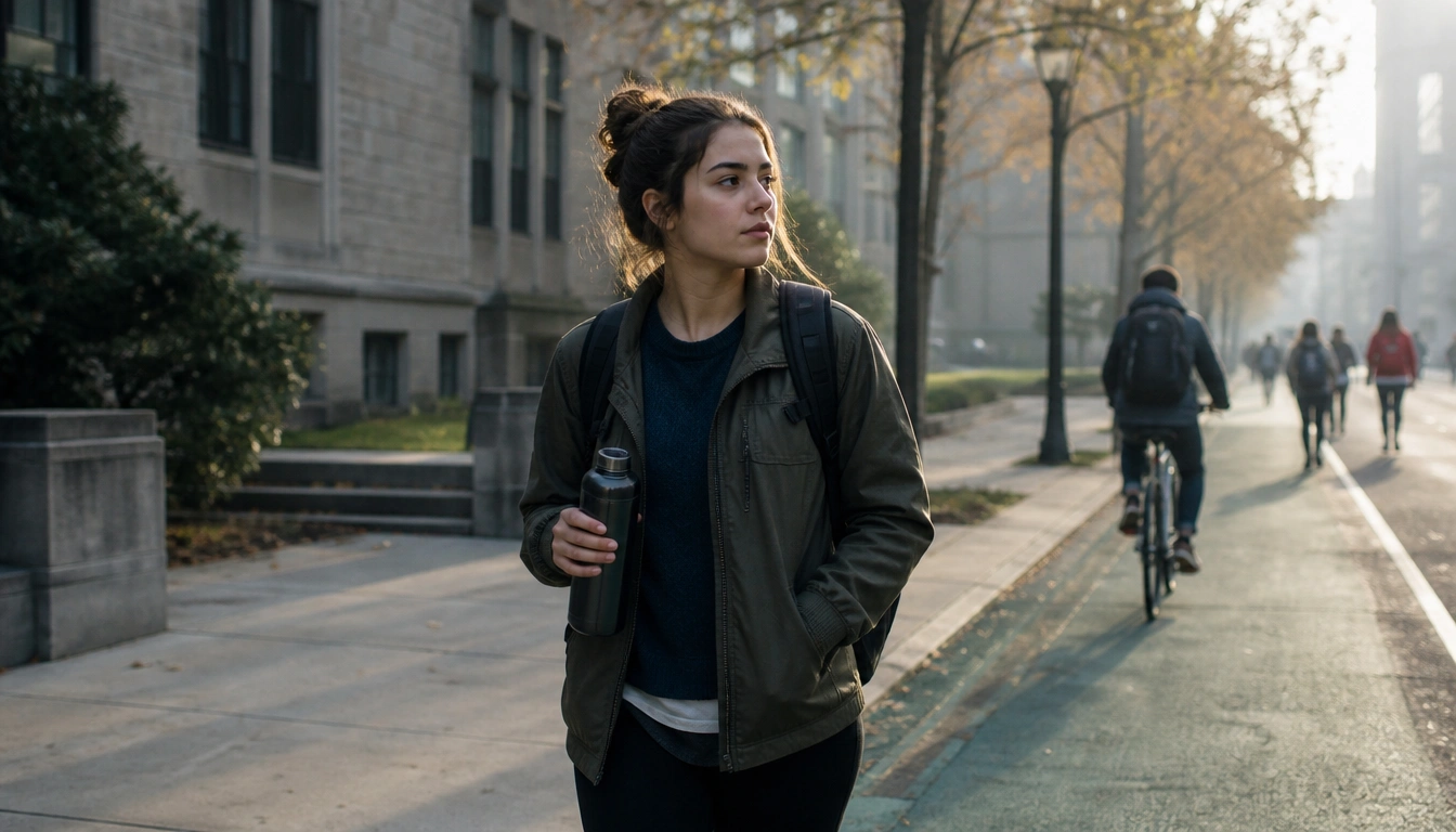 Student using a walk-and-transit commute routine with a backpack and water bottle before class