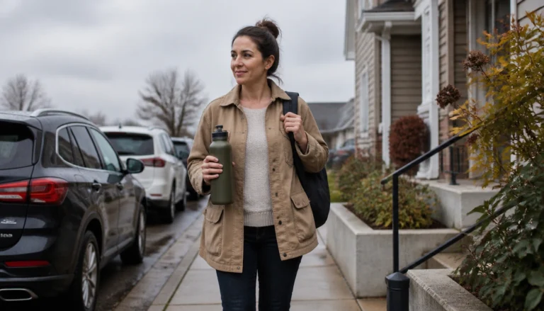 Parent using a simple healthy commute routine—breathing reset, walking one stop early, and a short “fake commute” walk