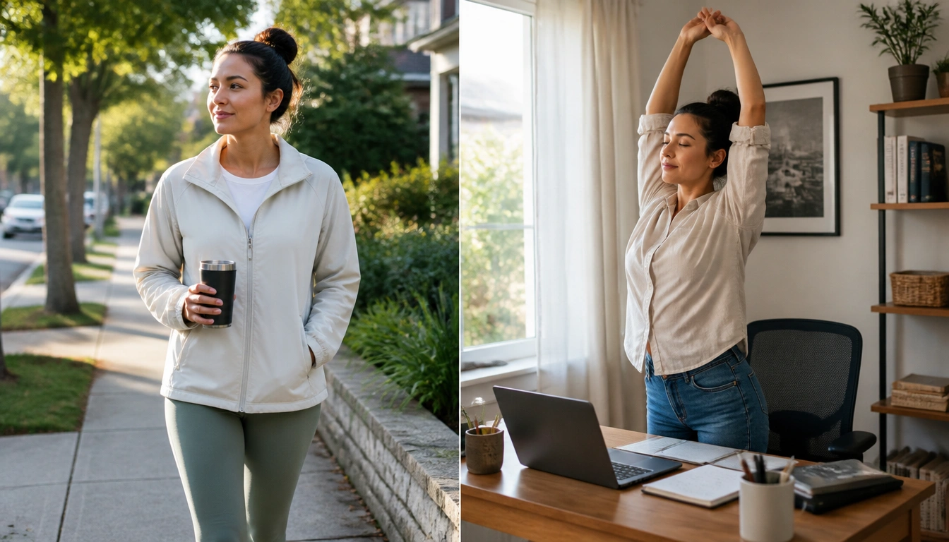 A remote worker taking a short indoor or outdoor walk as part of a morning virtual commute routine