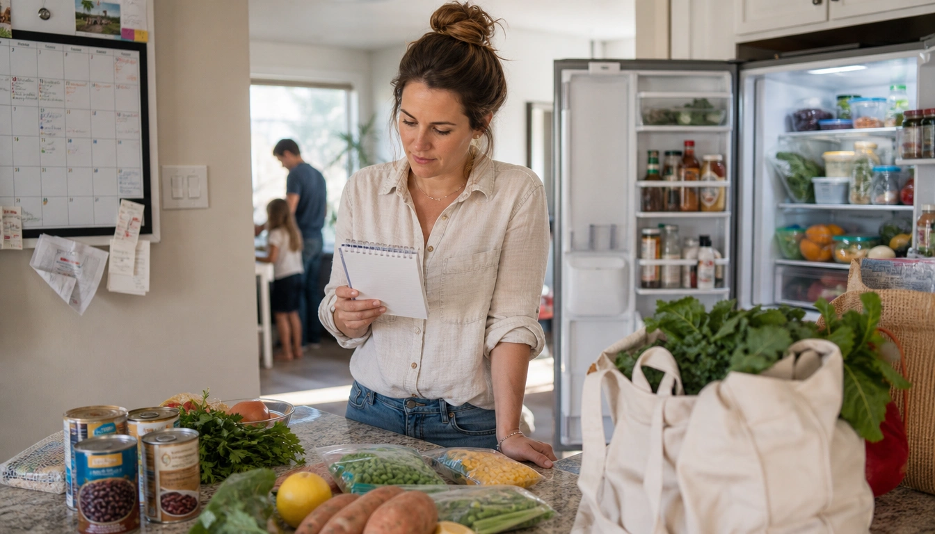 Busy parents use a weekly calendar and pantry check to plan healthier grocery lists fast