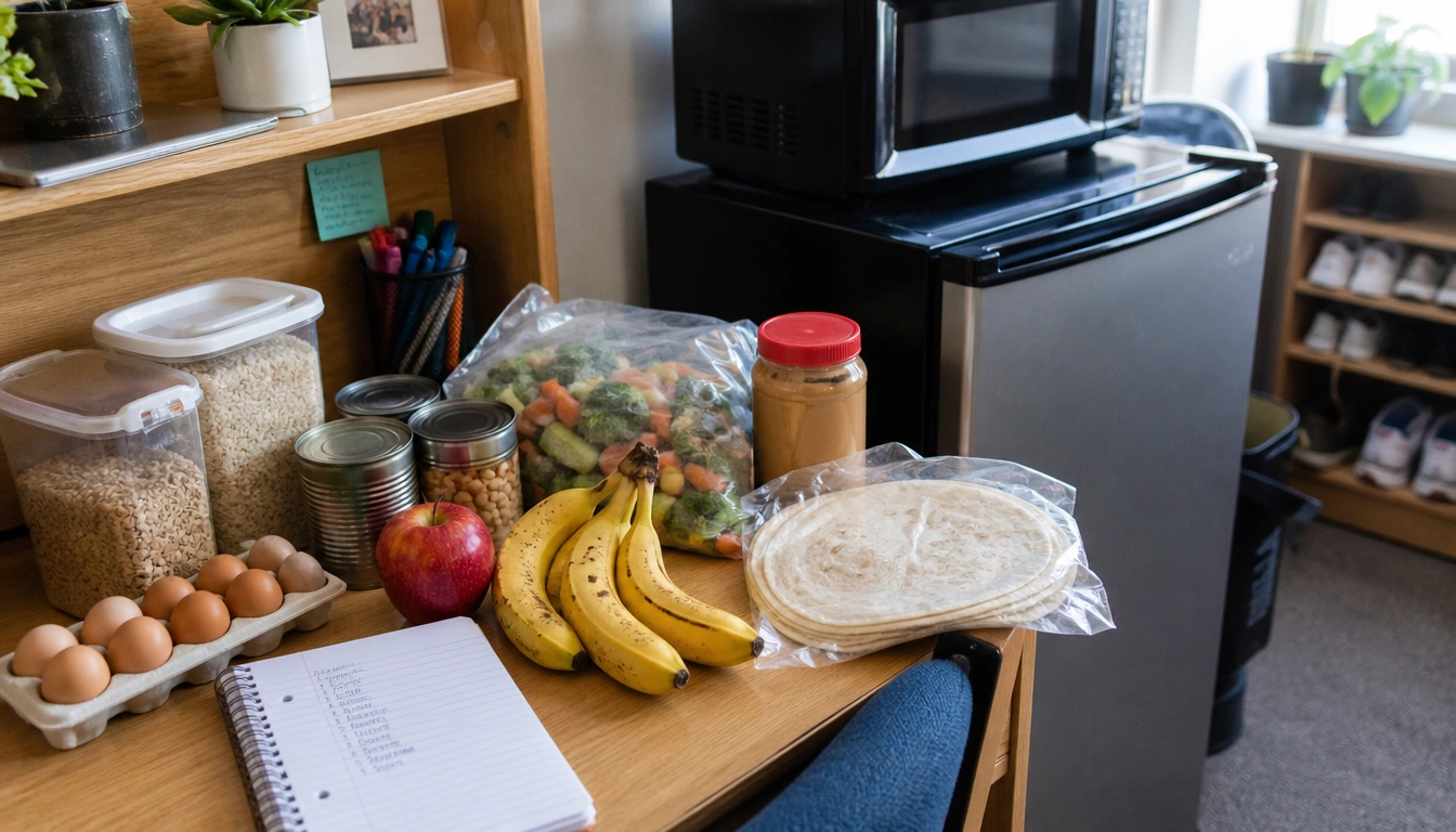 A college student using a list to plan healthy groceries for dorm or apartment meals