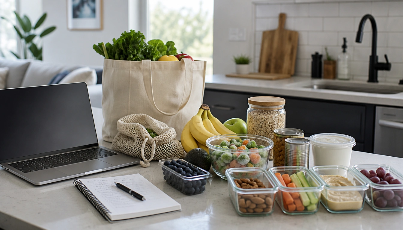 Weekly healthy grocery list plan for people working from home with snacks, meals, and label reading tips