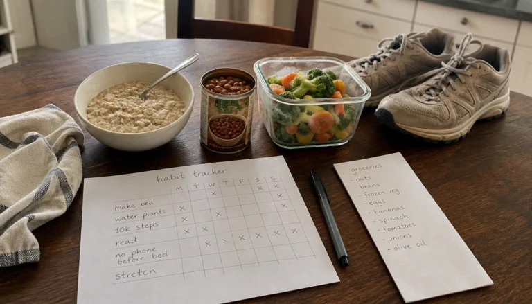 Paper habit tracker grid for tracking sleep, walking, and budget-friendly meals at home