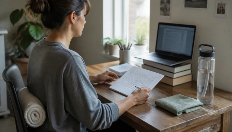Daily healthy habit tracker checklist for remote workers: posture, movement, eye breaks, hydration, lunch, and shutdown