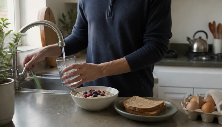 Budget-friendly healthy morning routine steps: water, daylight, gentle movement, and an affordable breakfast with simple