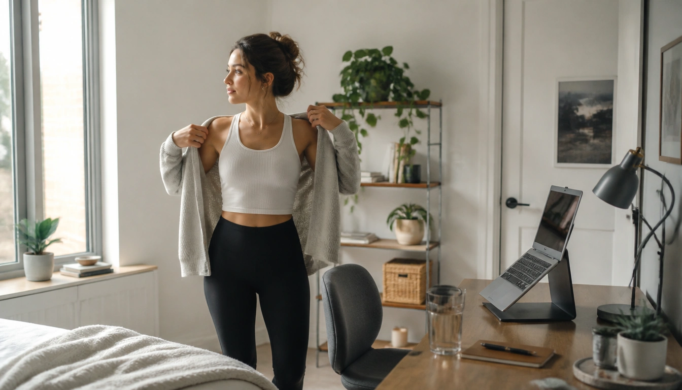 A simple morning routine setup for remote work: light, water, mobility, breakfast, and a prepared desk