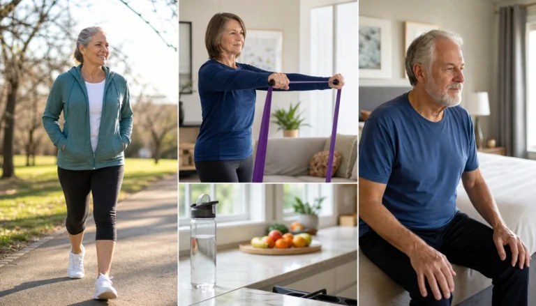 Practical healthy routine checklist for adults over 50 covering movement, strength, balance, food, hydration, and sleep