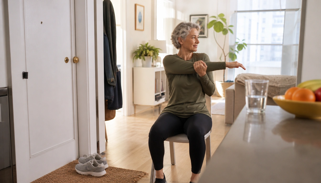 Beginner wellness routine checklist showing daily movement, food swaps, sleep, strength, and weekly pantry reset steps