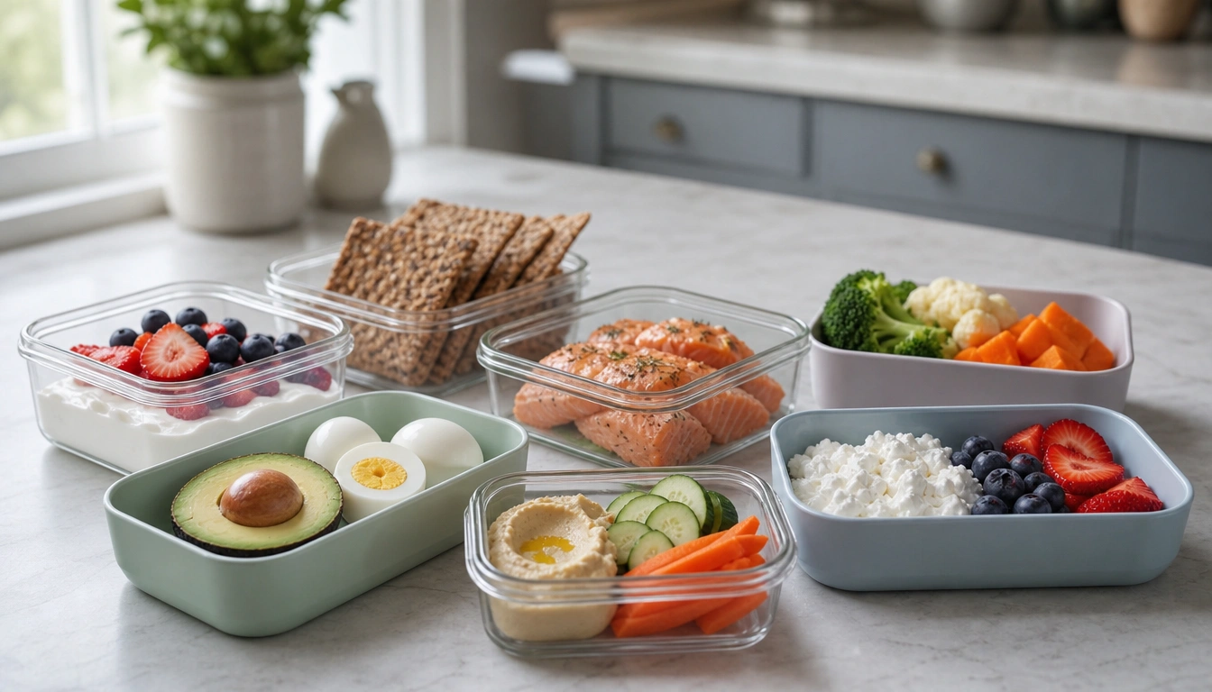 Snack box for adults over 50 with Greek yogurt, berries, hummus, and whole-grain crackers