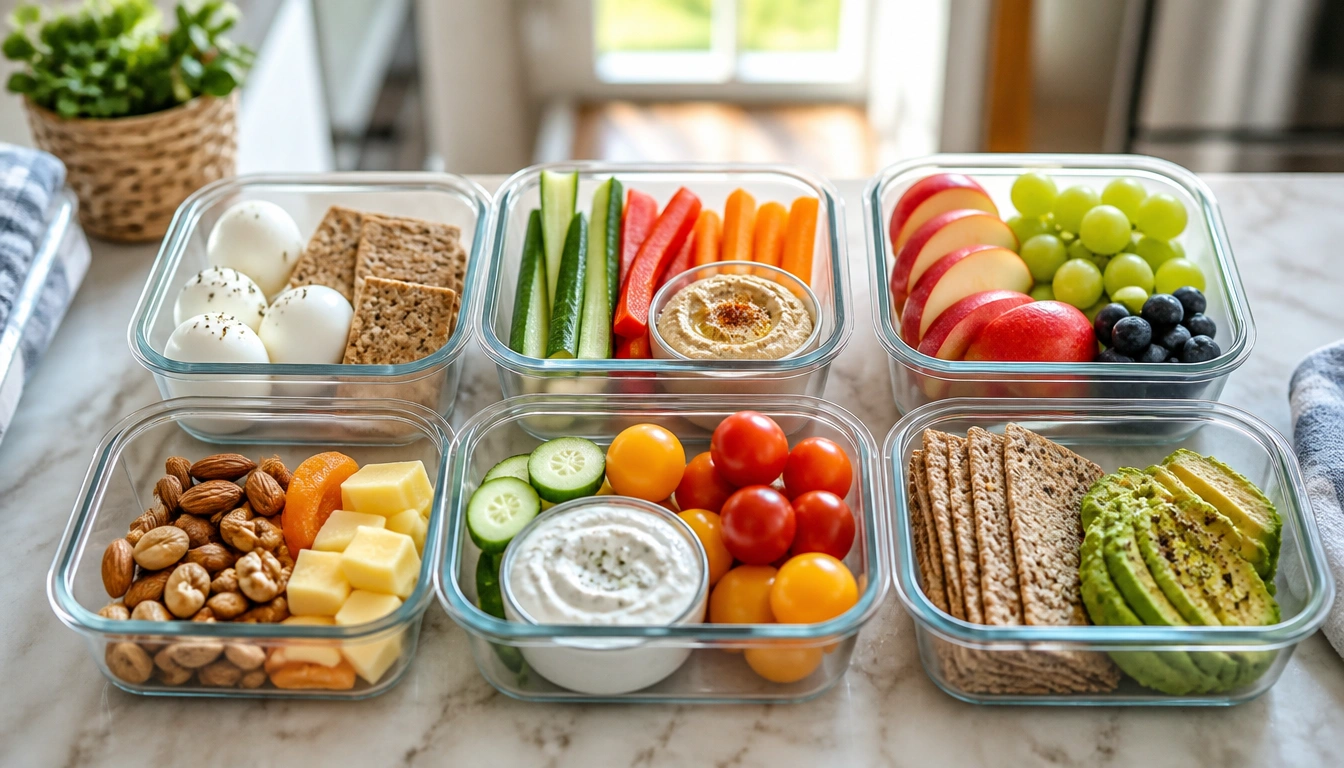 Healthy snack box ingredients for busy parents: protein, fiber-rich carbs, fruit, veggies, and a flavor booster