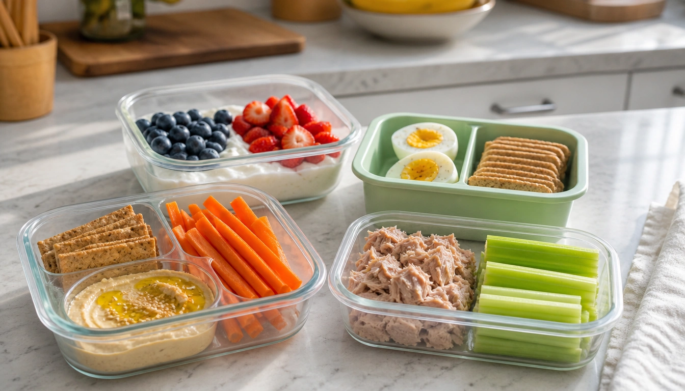 Homemade budget snack box with fruit, yogurt, crackers, hummus, and protein for school or work