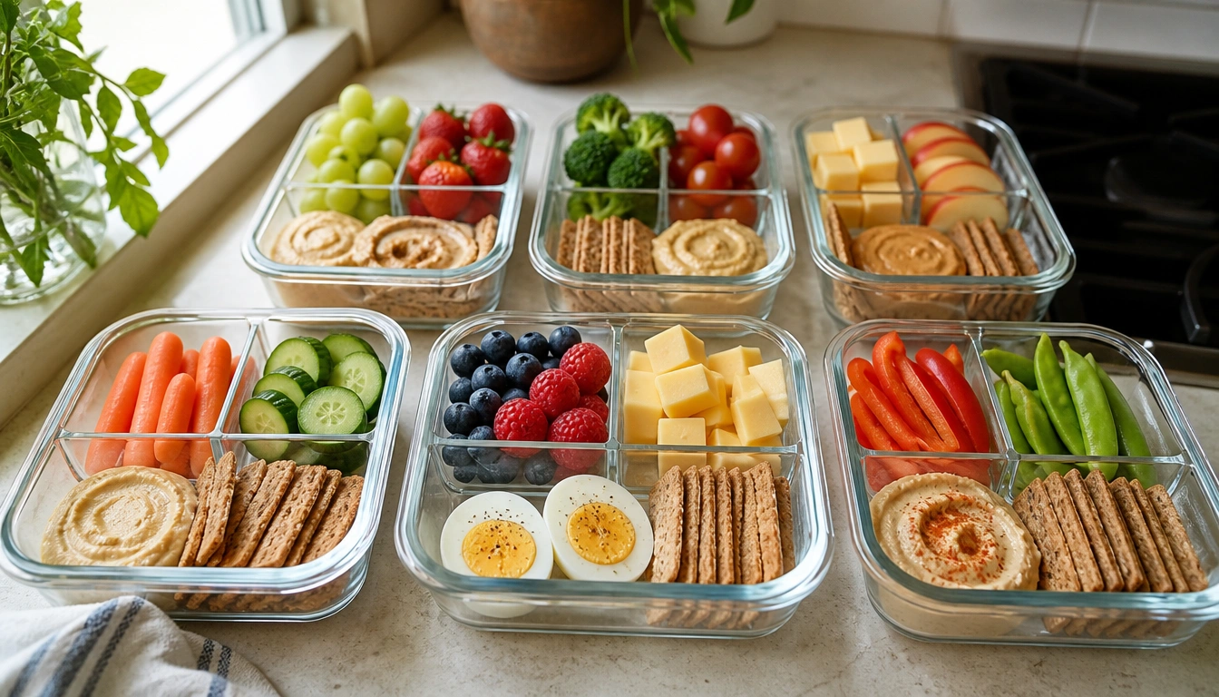 Beginner meal-prep snack boxes with protein and colorful produce in separate compartments