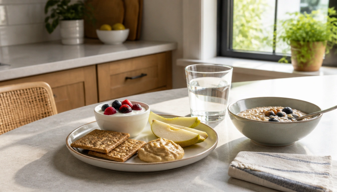 Healthy snack ideas for adults over 60, including yogurt, fruit, hummus, and whole-grain options