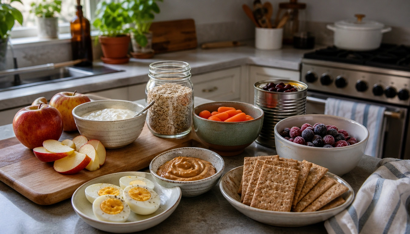 Budget-friendly healthy snack ideas built from protein plus fiber staples like yogurt, oats, beans, and fruit