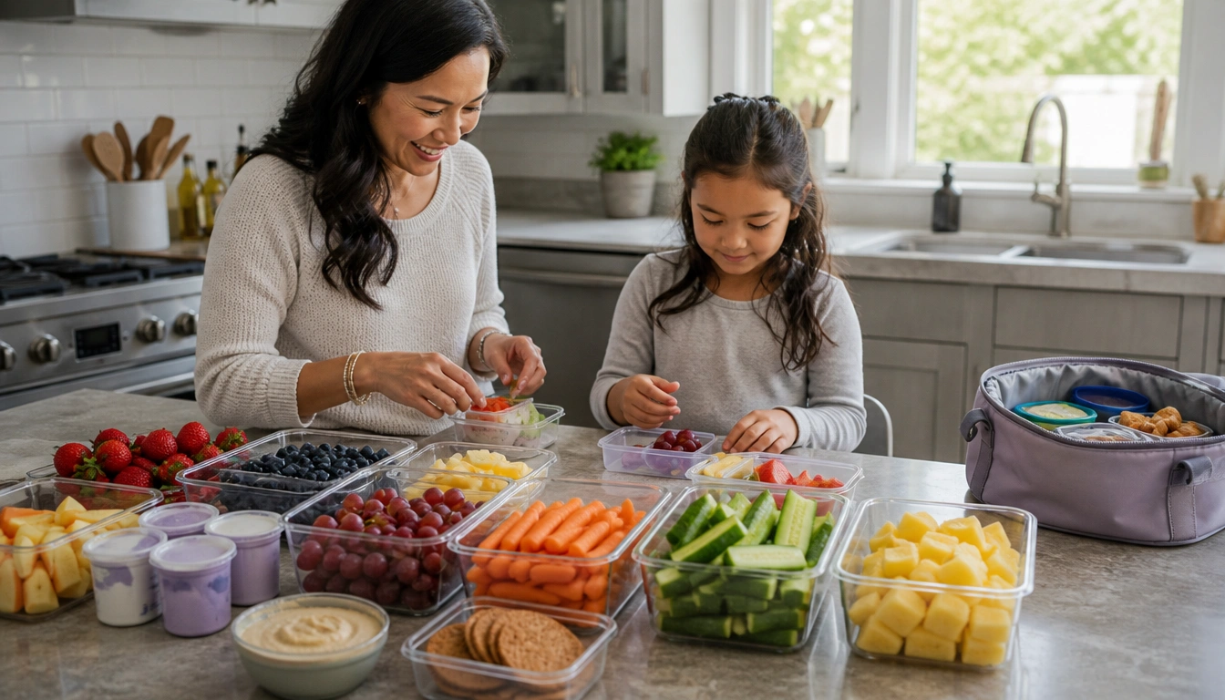 Busy parents using a simple system to plan healthy snacks from fruit, yogurt, hummus, and whole-grain staples