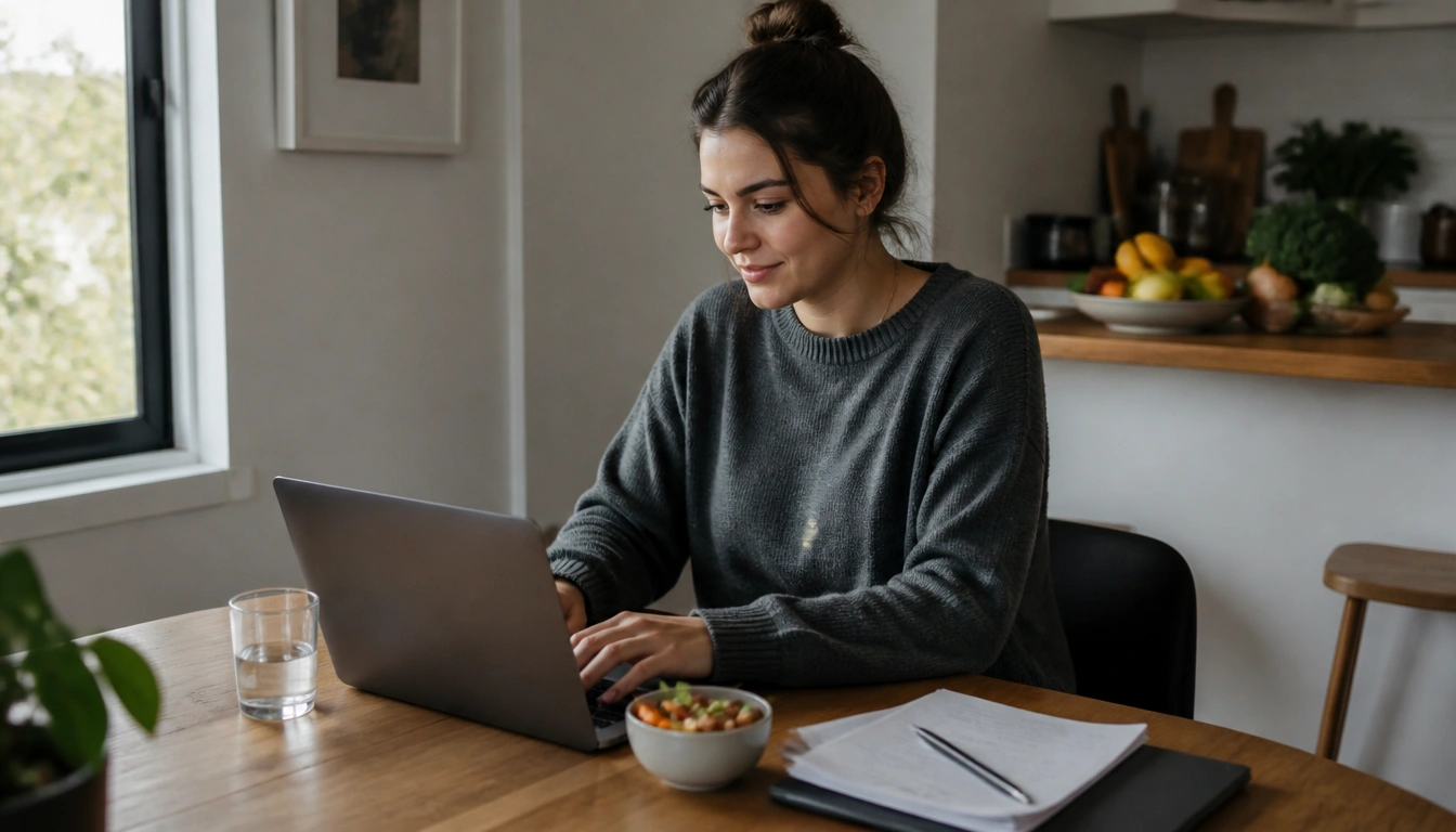 A desk setup with planned, portioned healthy snacks to prevent remote workers from grazing all day