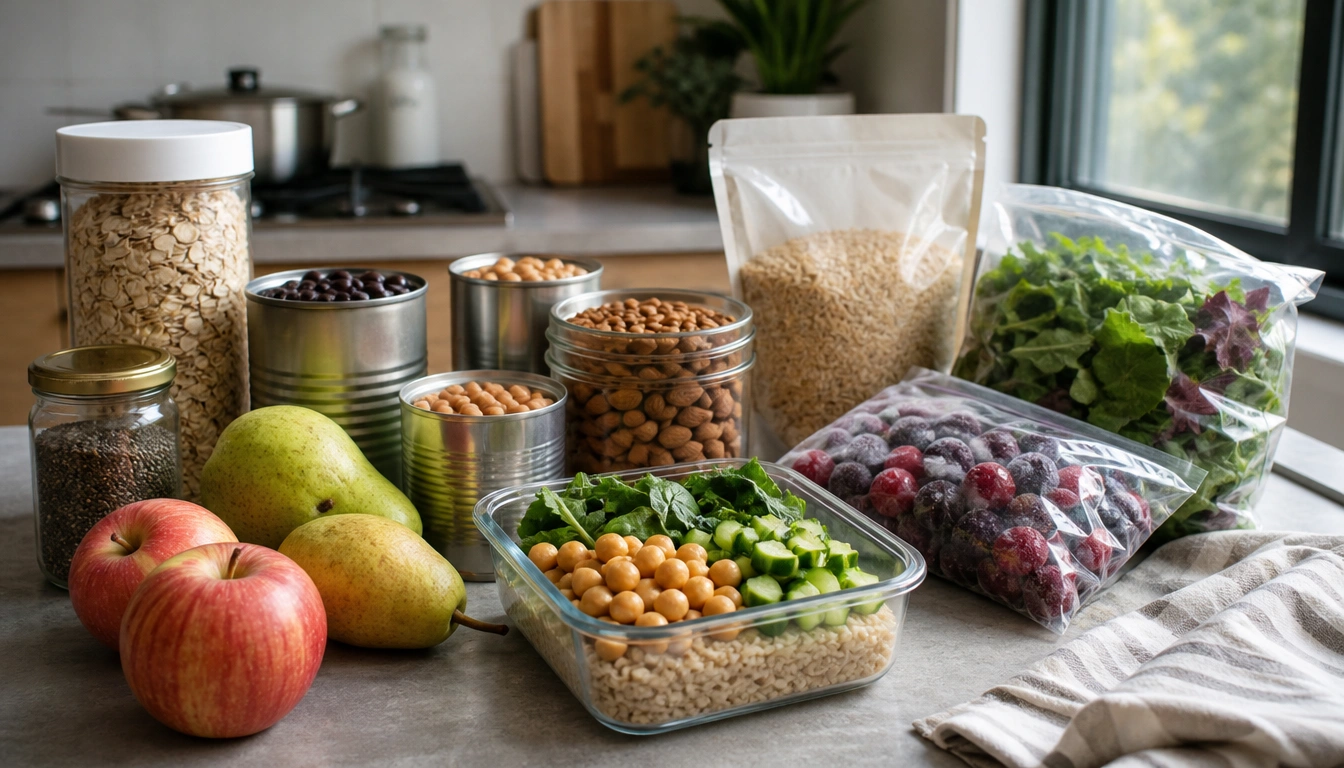 High-fiber grocery items like canned beans, frozen produce, oats, fruit, nuts, and seeds for quick office meals