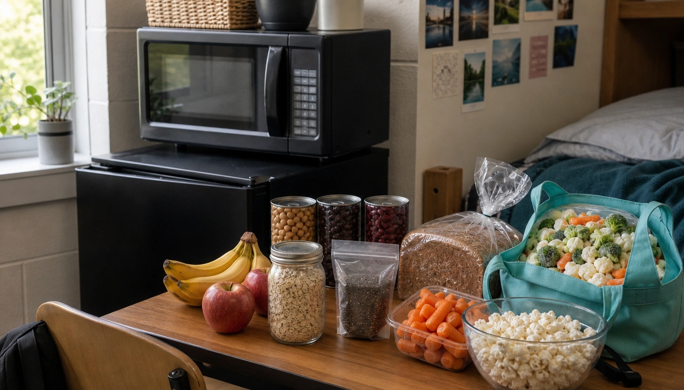 Dorm-friendly high-fiber grocery items like beans, oats, frozen vegetables, fruit, popcorn, and chia/ground flax