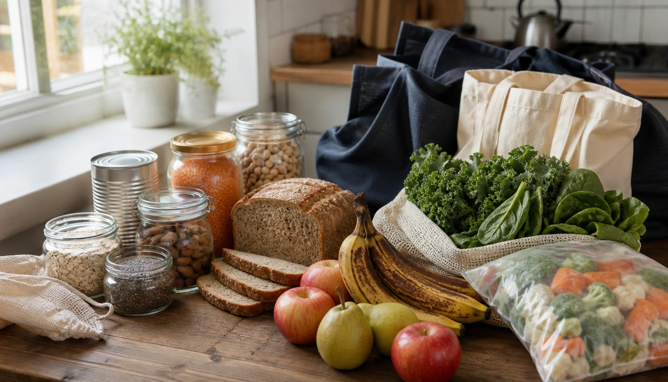 High-fiber vegetarian grocery list featuring beans, whole grains, fruit, vegetables, nuts, and seeds for beginners