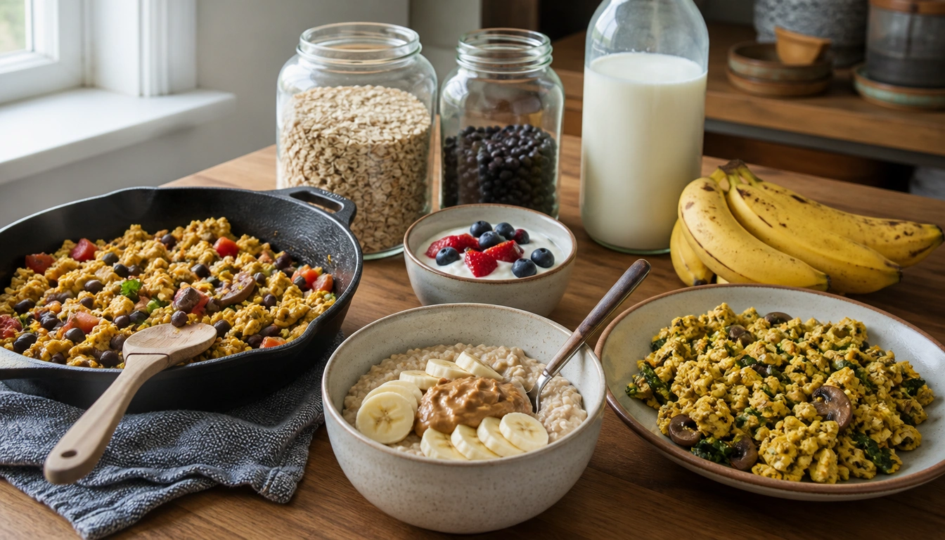 Budget-friendly high-protein breakfast ideas with eggs, beans, oats, yogurt, and tofu
