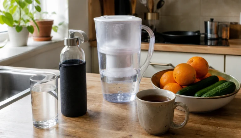 A family pitcher of tap water with fresh citrus slices, showing a low-cost household hydration routine