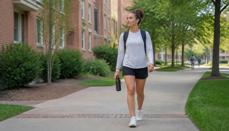 Low-impact cardio routine for college students with brisk walking, cycling, stairs, and dorm-friendly moves