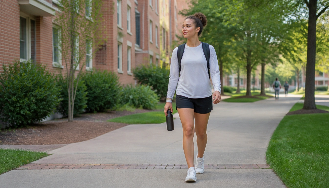 Low-impact cardio routine for college students with brisk walking, cycling, stairs, and dorm-friendly moves