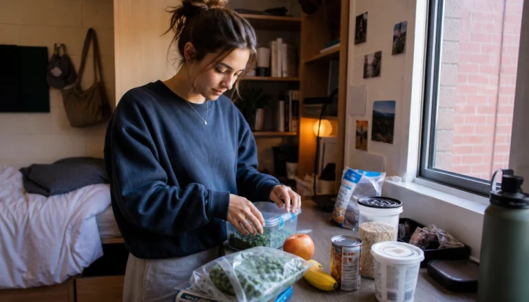 College student meal planning with a simple weekly grocery list and plate method staples