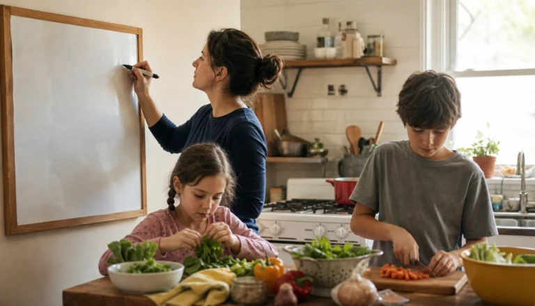Busy parents meal planning with a simple weekly menu board and easy dinner templates at home