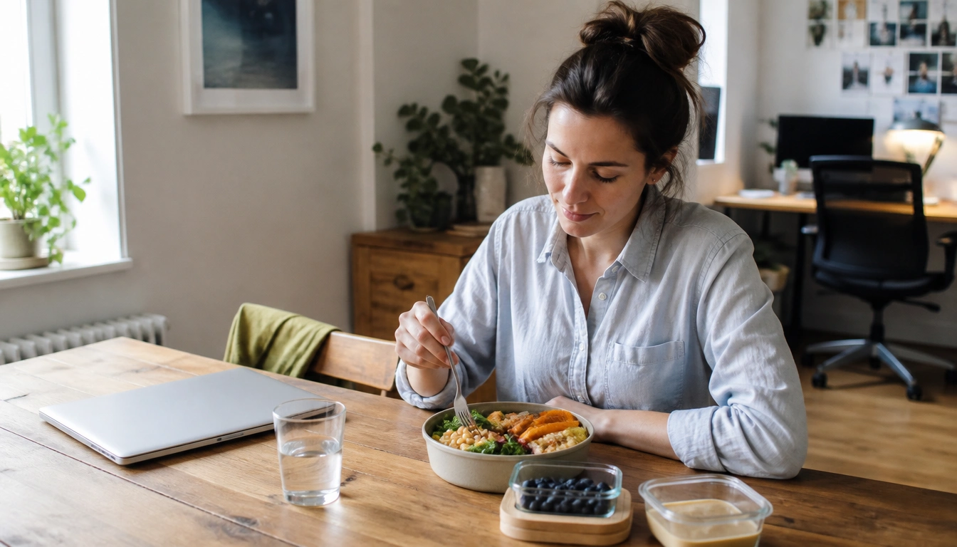 Healthy meal planning for remote workers with a simple schedule, balanced lunch, and portioned snacks at home