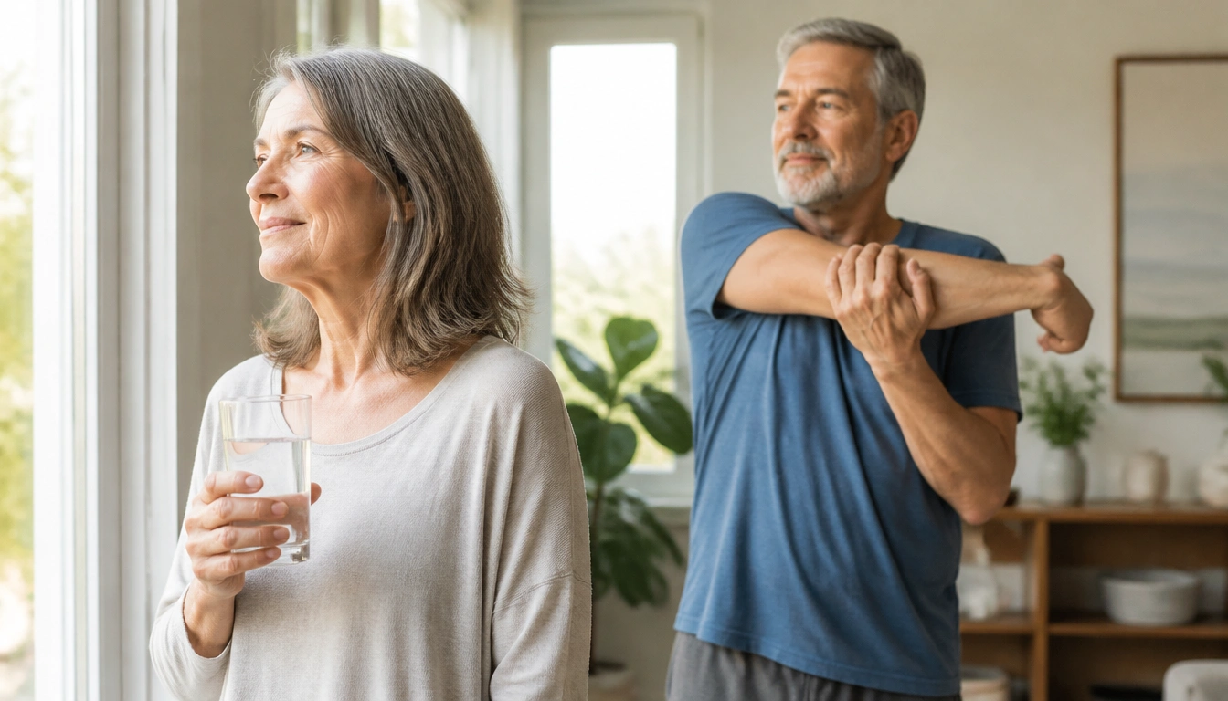 Adult over 50 starting a calm morning routine with water, natural light, gentle movement, and a quiet pause.
