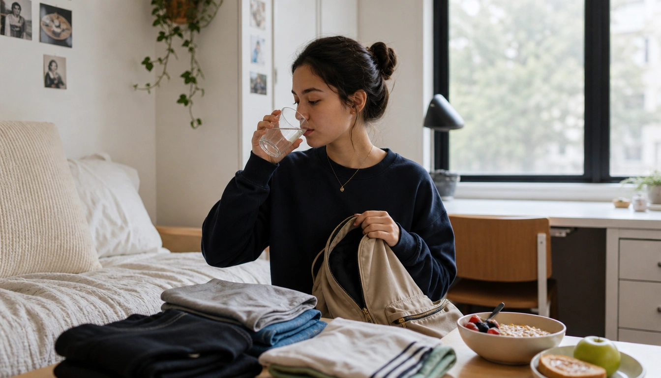College student following a simple morning calm routine with natural light, water, and a quiet reset
