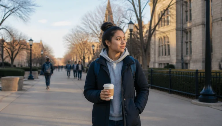 College student walking outdoors in the morning light as part of a practical sleep routine guide
