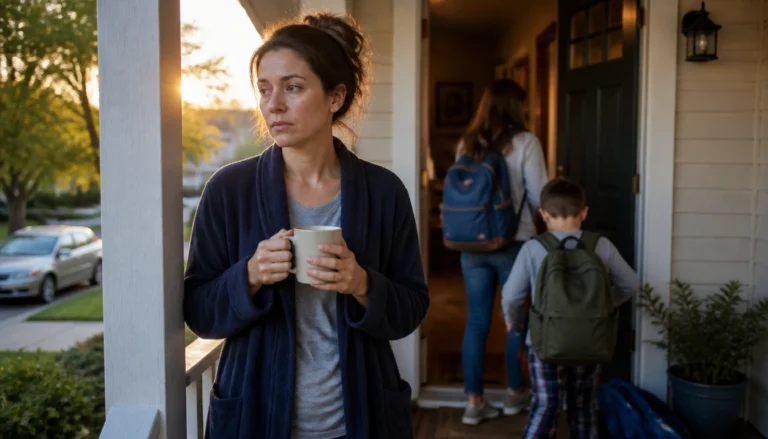 Busy parents using a simple morning light routine: stepping outside soon after waking for circadian support