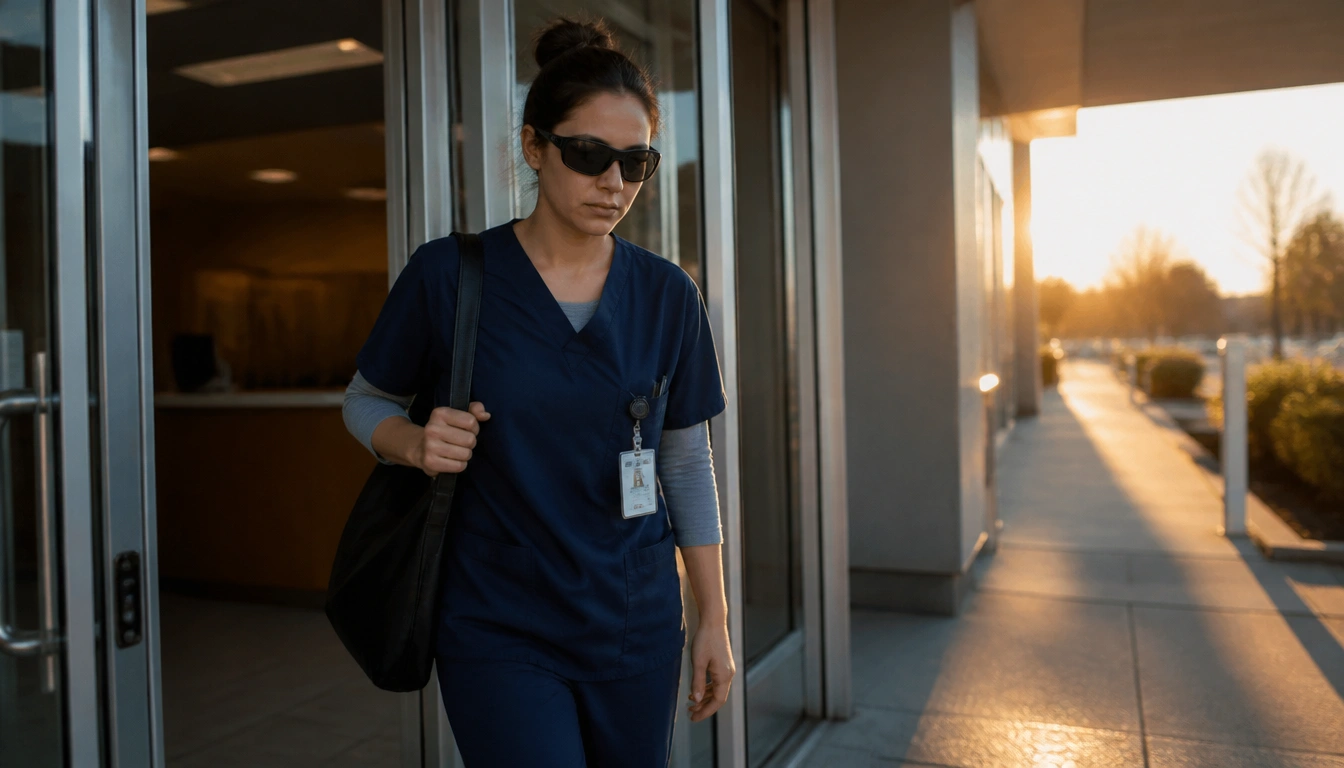 Morning light routine steps for shift workers: bright light at work, sunglasses home, dark daytime sleep space