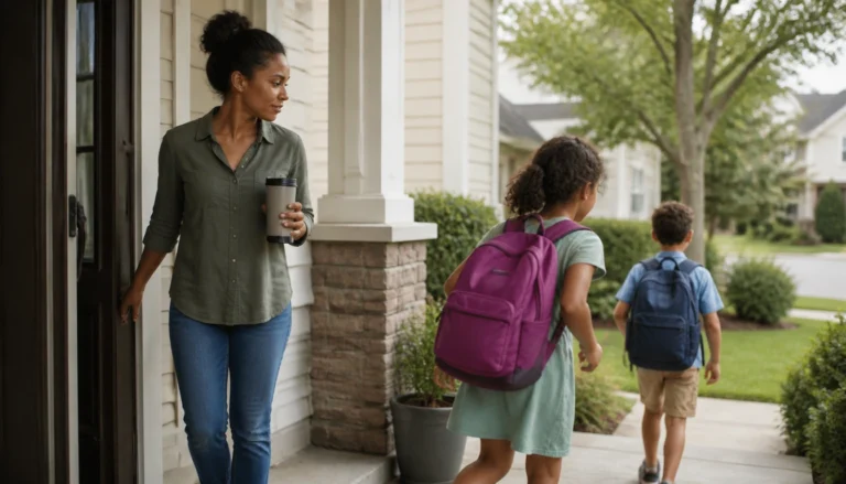 Busy parents stepping outside in the morning for a short sunlight routine to support sleep and alertness