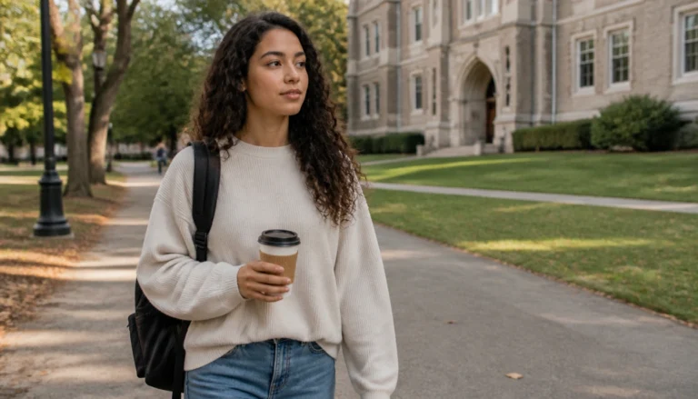Student steps outside in the morning for a short sunlight habit to support their sleep schedule