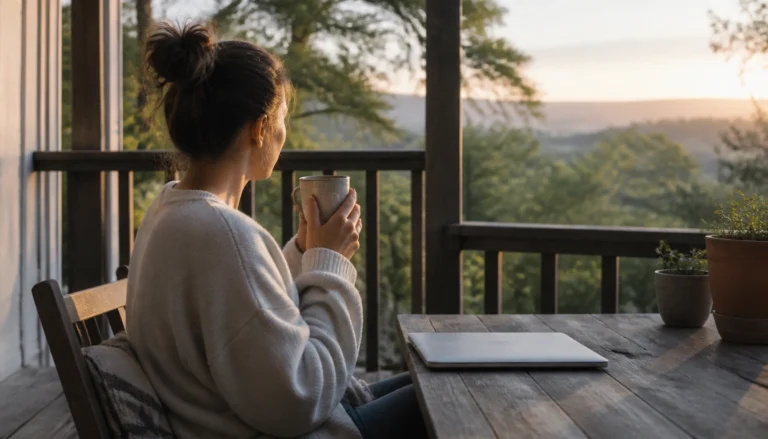 A person stepping outside in the morning for bright light before starting work from home