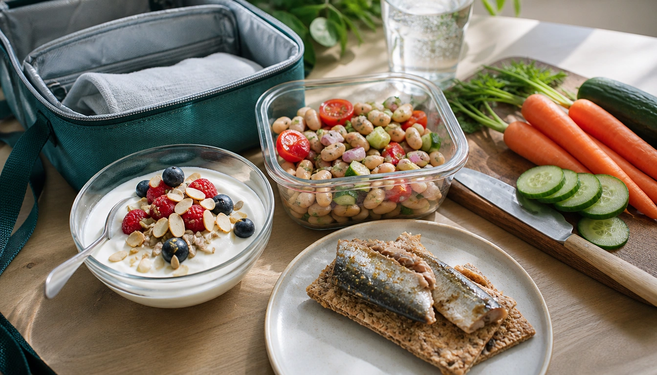 Affordable no-cook lunch ideas featuring beans, tinned fish, yogurt, whole grains, and seasonal produce in containers