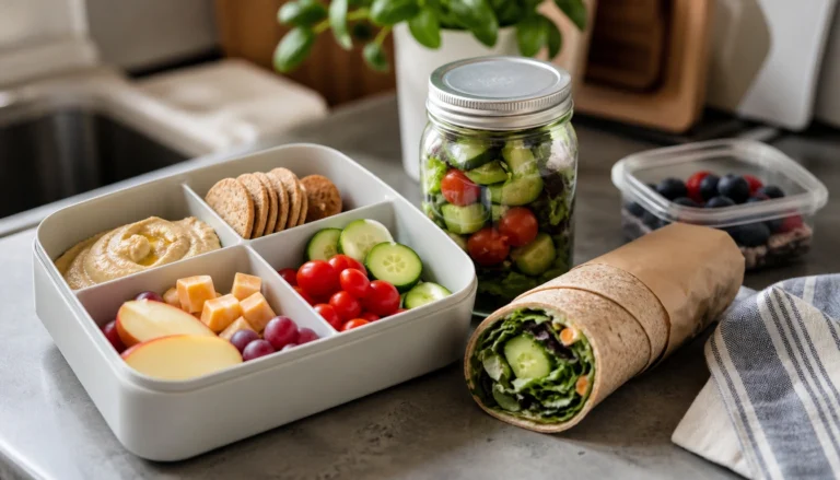 Bento-style no-cook lunch with hummus, vegetables, fruit, and whole-grain crackers for busy parents