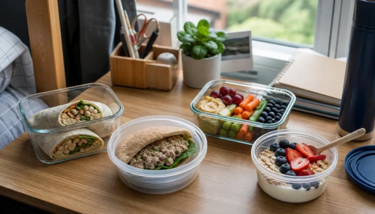 No-cook college lunch ideas: protein, produce, and whole-grain components in ready-to-assemble containers