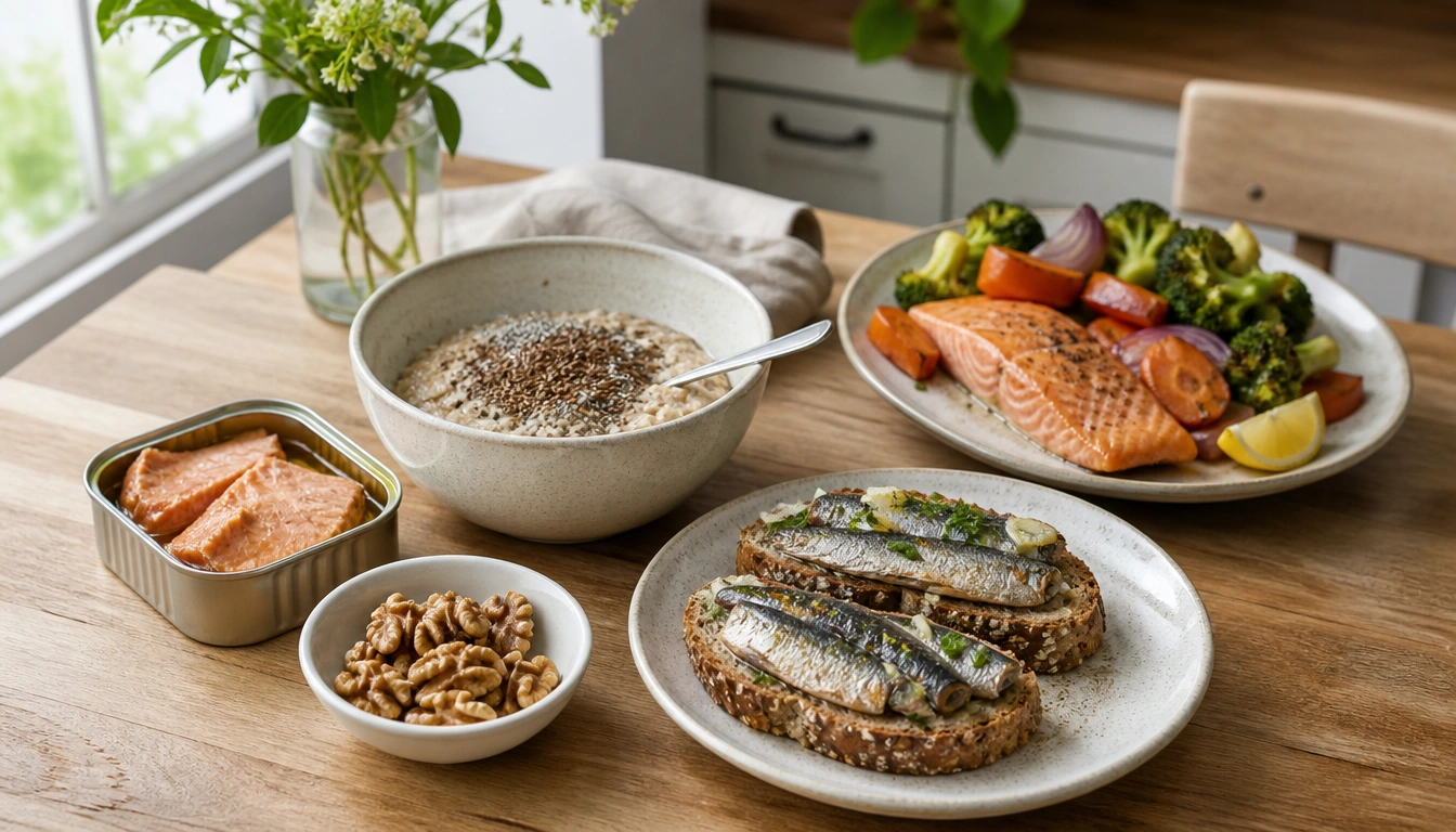 Omega-3 meal ideas for adults over 50 featuring salmon, sardines, chia, flax, and walnuts