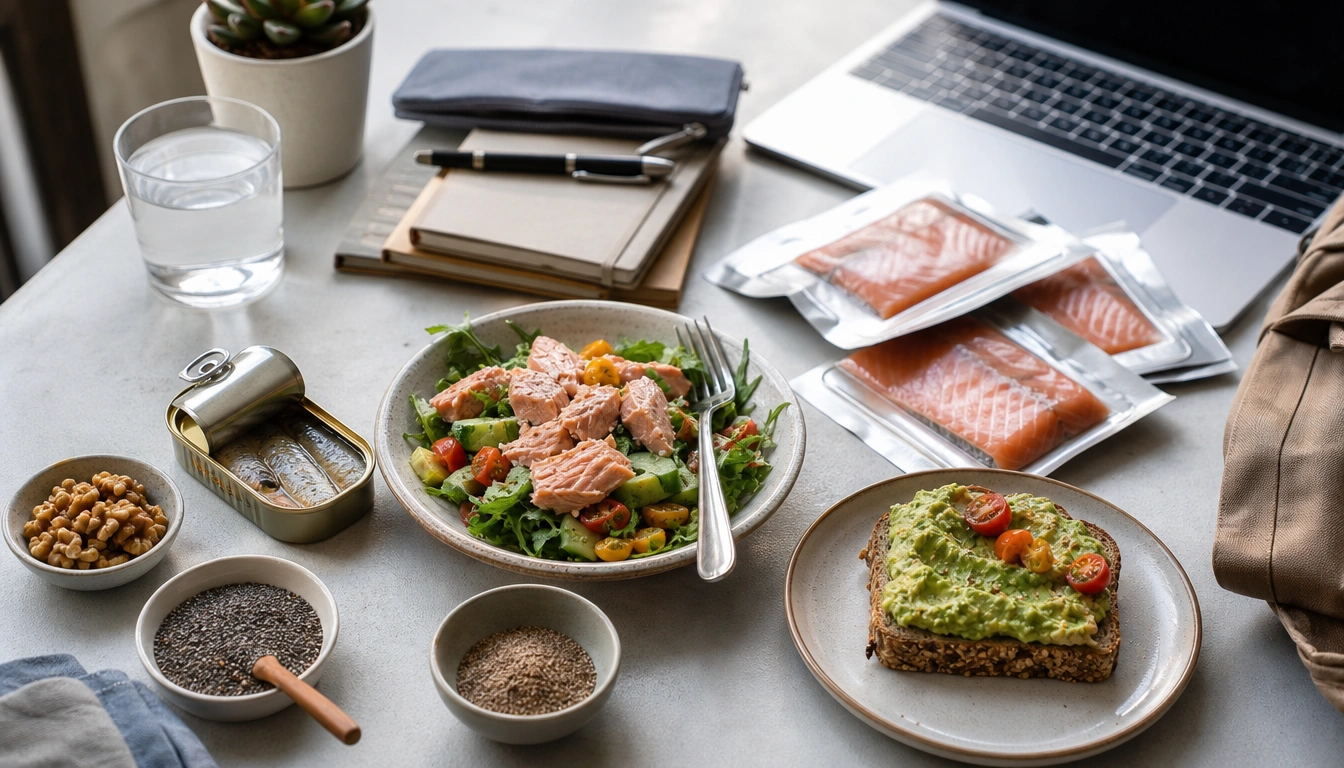 Desk-ready omega-3 foods: fish pouches, sardines on toast, chia and walnuts for quick meals
