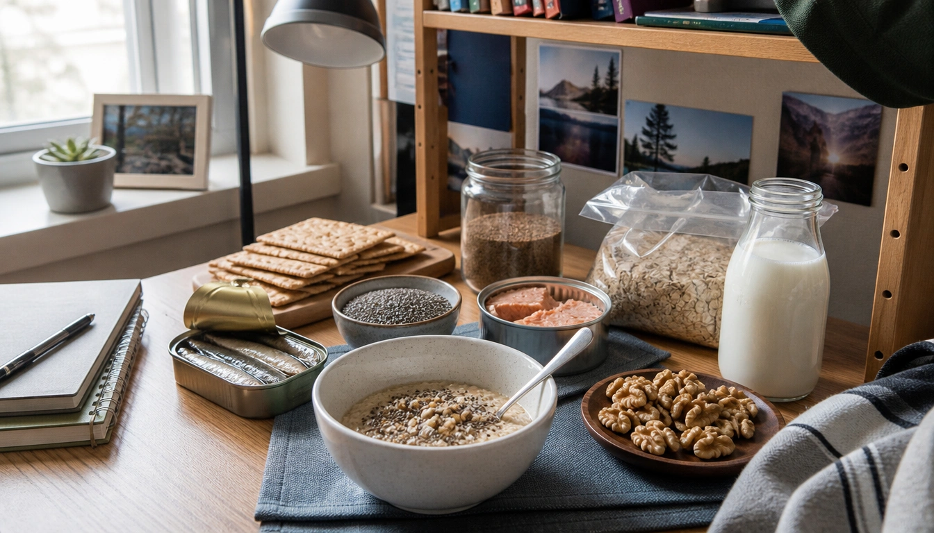 Budget-friendly omega-3 foods for college students: canned fish, chia, flax, walnuts, and fortified milk or eggs