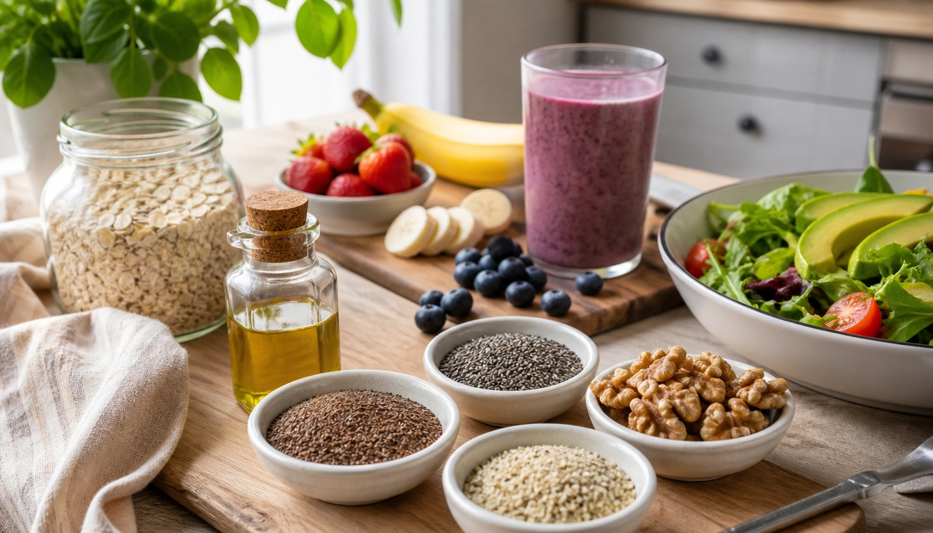 Vegetarian omega-3 sources like ground flaxseed, chia seeds, walnuts, and hemp seeds in bowls and snacks